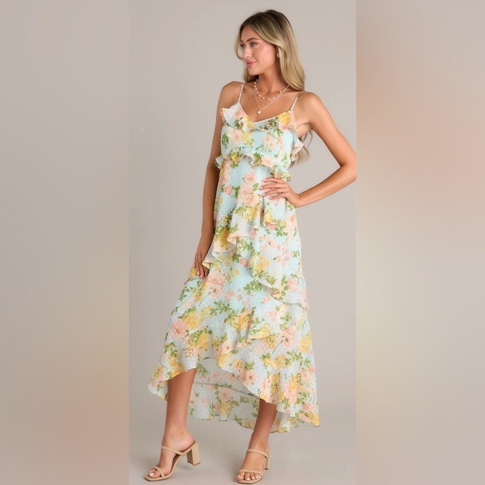 By The River Blossom In Time Blue Multi Floral Ruffle Tiered Midi Dress Size L - Picture 5 of 14